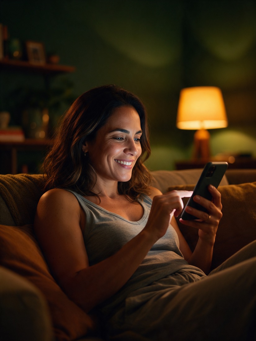 Mulher no sofá, à noite, mandando mensagem pelo celular
