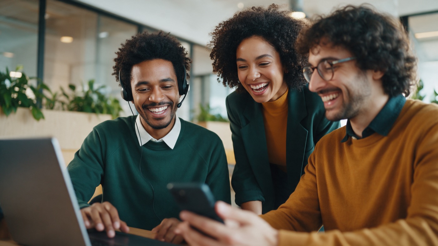 Equipe de suporte rindo junto enquanto ajuda um cliente pelo celular e pelo computador